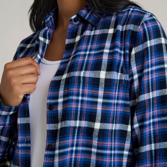 American Tall Flannel Button-Up Shirt for Tall Women in Cobalt, Navy, and Peach - Picture 2 of 4
